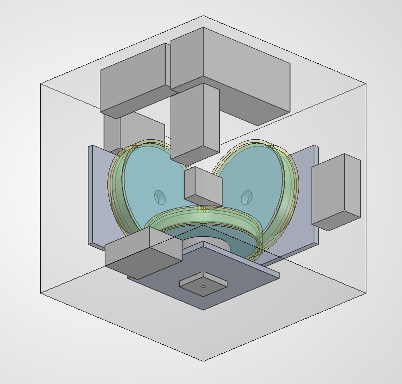 Transparent CAD model of a cube containing three perpendicular reaction wheels and packaged electronics